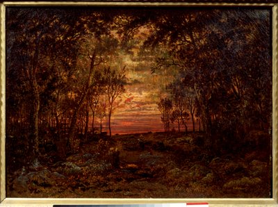 Zachód słońca w lesie Obraz Theodore Rousseau (1812-1867) XIX-wieczna szkoła Barbizon. Ciemny. 0,46x0,62m. Olej na płótnie. . autorstwa Pierre Etienne Theodore Rousseau