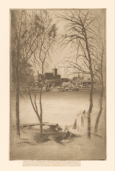 Widok na rzekę z portem i przemysłem Złotokap i Battersea autorstwa Théodore Roussel (signed by artist)