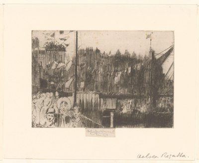 Pejzaż miejski z postaciami na nabrzeżu ozdobionym flagami Regaty Chelsea autorstwa Théodore Roussel (signed by artist)