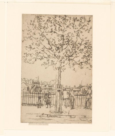 Sześć postaci przy ogrodzeniu wzdłuż rzeki, na pierwszym planie drzewo Chelsea Embankment, czerwiec, 17:00, 1889 autorstwa Théodore Roussel (signed by artist)