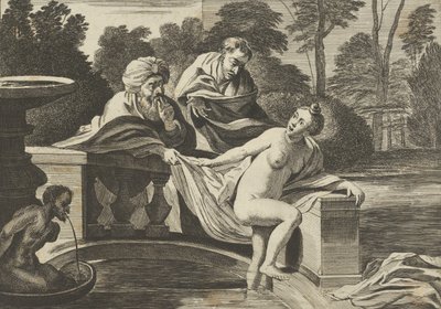 Zuzanna, częściowo naga i wychodząca z fontanny, z dwoma starszymi po lewej, jednym…, ok. godz. 1656-60. autorstwa Théodorus van Kessel