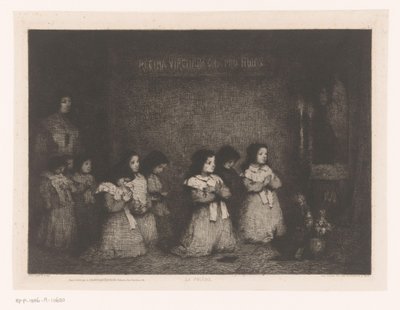 Grupa dziewcząt modlących się przed posągiem Maryi La Priere (tytuł na obiekcie) Eaux-Fortes Modernes: Originales et Inédites (tytuł serii) autorstwa Théodule Augustin Ribot