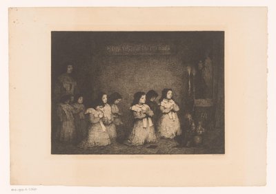 Grupa dziewcząt modlących się przed figurą Maryi La Priere (tytuł na obiekcie) Eaux-Fortes Modernes: Originales et Inédites (tytuł serii) autorstwa Théodule Augustin Ribot