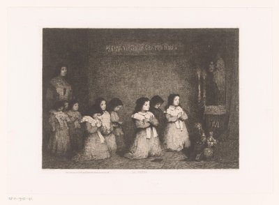 Grupa dziewcząt modlących się przed figurą Maryi La Priere (tytuł na obiekcie) Eaux-Fortes Modernes: Originales et Inédites (tytuł serii) autorstwa Théodule Augustin Ribot