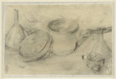 Szkic martwej natury patelni i butelki autorstwa Théodule Augustin Ribot
