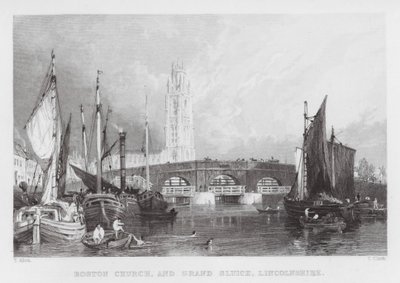 Boston Church i Grand Sluice, Lincolnshire (grawerowanie) autorstwa Thomas (after) Allom