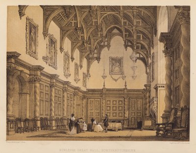 Burleigh Great Hall, Northamptonshire (akwatinta) autorstwa Thomas (after) Allom