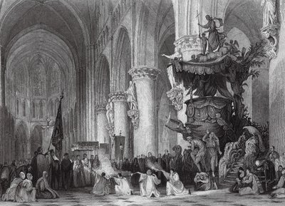 Katedra św. Gudule ze słynną rzeźbioną amboną w Brukseli (rycina) autorstwa Thomas (after) Allom