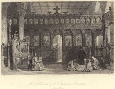 Grecki kościół św. Teodora, Pergamus, Azja Mniejsza (rycina) autorstwa Thomas (after) Allom