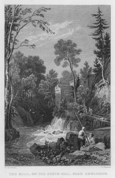 Młyn, na Stock-Gill, niedaleko Ambleside (grawerowanie) autorstwa Thomas (after) Allom