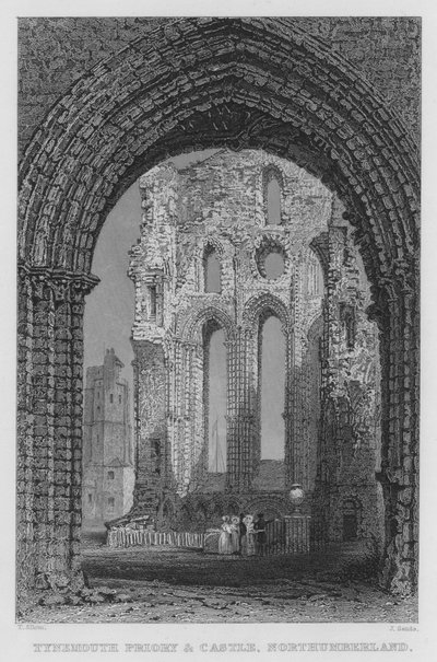 Tynemouth Priory and Castle, Northumberland (grawerowanie) autorstwa Thomas (after) Allom