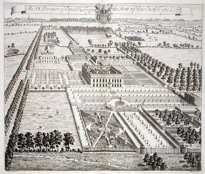South East Prospect of Frogpool, siedziby Rowland Fdyon, z „Trzydziestu sześciu różnych poglądów na szlachciców i dżentelmenów w hrabstwie Kent”, grawerowane przez I. Harrisa, ok. 1750 (rycina) autorstwa Thomas (after) Badeslade