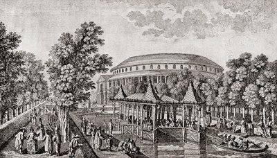Ogrody Ranelagh, Chelsea, Londyn, Anglia. Zewnętrzna część Rotundy w Ranelagh Gardens, „Chiński Dom” i część terenu, według ryciny Thomasa Bowlesa autorstwa Thomas (after) Bowles