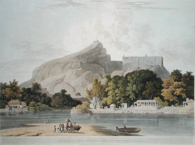 Skała Trichinopoly, wykonana na rzece Cauvery, tablica 45 z „Oriental Scenery: Twenty Four Views in Hindoostan”, rytowana przez Thomasa i Williama (1769-1837) Daniell autorstwa Thomas (after) Daniell