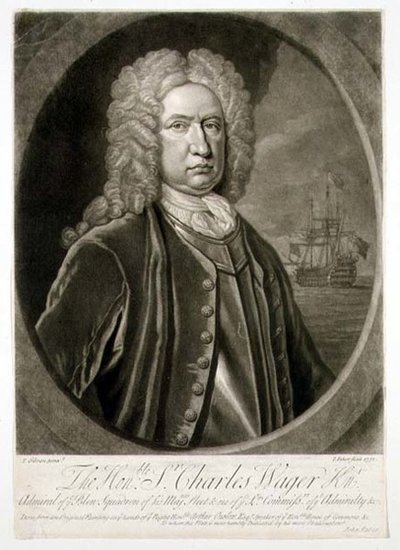 Portret sir Charlesa Wagera (1666-1743) Admirała Błękitnej Eskadry, sztychowany przez Johna Fabera (1684-1756) 1732 (rycina) autorstwa Thomas (after) Gibson