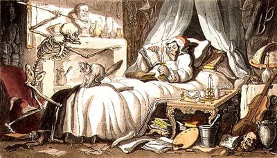 „Fungus, ilgainiui, sumano į savo kabinetą patekti/Mirties smiginį“, iš „English Dance of Death“ aludės. Rudolph Ackermann (1764-1834) 1814 (akvatinta)polis autorstwa Thomas (after) Rowlandson