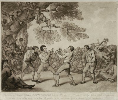 Mecz bokserski między Danielem Mendozą i Richardem Humphreysem w Stilton, Huntingdonshire, 6 maja 1789, grawerowany przez Josepha Grozera (c.1755-99) (grawerowanie) autorstwa Thomas (after) Rowlandson