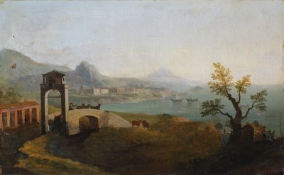 Śródziemnomorskie sceny przybrzeżne (olej na płótnie) autorstwa Thomas (circle of) Marlow