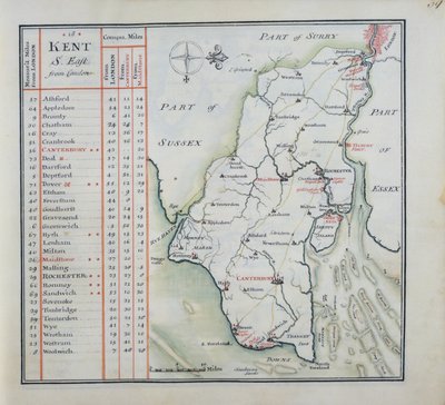 Kent, płyta 39r, z Kompletnego zestawu map Anglii i Walii w ogóle..., 1724 (pióro i atrament i toaleta na papierze) autorstwa Thomas Badeslade