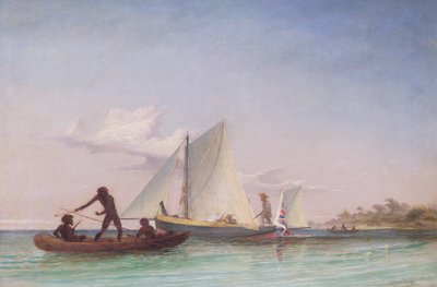 Długa Łódka Posłańca zaatakowana przez tubylców autorstwa Thomas Baines