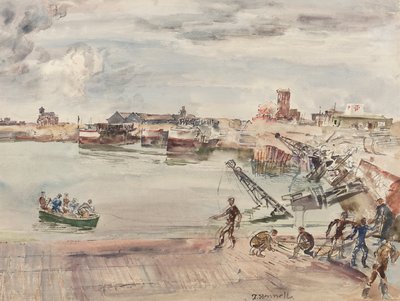Doki ex entrepots (sic!) Portu Calais Bassin Ouest, 1944 (ołówek, długopis, atrament, pędzel i toaleta na papierze) autorstwa Thomas Barclay Hennell
