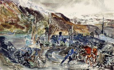 Lokalny wózek na węgiel i trawlery, Seydisfjordur, Islandia (akwarela na papierze) autorstwa Thomas Barclay Hennell