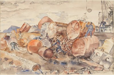 Usuwanie zużytych i zardzewiałych boj, pływaków i obciążników do naprawy w Wielkiej Brytanii (akwarela na papierze) autorstwa Thomas Barclay Hennell