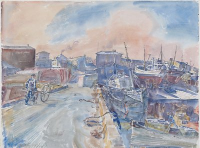 Reykjavik z głównego nabrzeża, mroźny poranek, Islandia, ok. 1930 r. (akwarela i ołówek na papierze) autorstwa Thomas Barclay Hennell