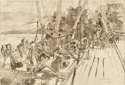 Rozładunek węgla, hwitanów (atrament na papierze) autorstwa Thomas Barclay Hennell