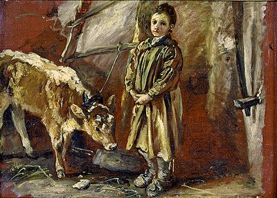 Chłopiec z łydką na uwięzi (olej na płótnie) autorstwa Thomas Barker