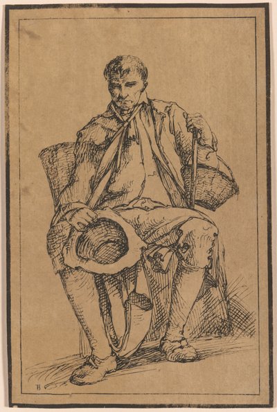 Czterdzieści impresji litograficznych z Drawings of Landscape Scenery autorstwa Thomasa Barkera, wybrane z jego Studies of Rustic Figures after Nature: [Siedzący mężczyzna z koszami trzymający kapelusz i laskę autorstwa Thomas Barker