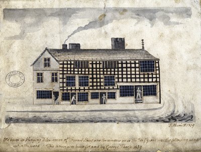 Stary dom na wiszącym rowie, Manchester, 1819 (pióro i atrament i pranie na papierze) autorstwa Thomas Barritt