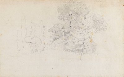 Studium drzew i małego budynku na terenie Merton Place autorstwa Thomas Baxter