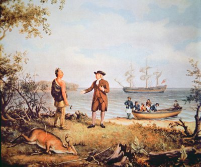 William Penn przybywa do Ameryki po raz pierwszy i spotyka rdzennego Amerykanina w 1682 roku (olej na płótnie) autorstwa Thomas Birch