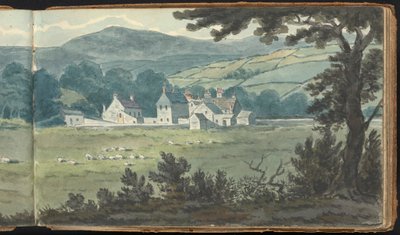 Album studiów krajobrazowych i figuralnych: Scena krajobrazu wiejskiego z owcami hodowlanymi i pasącymi się autorstwa Thomas Bradshaw