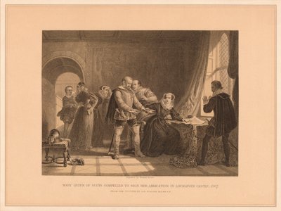 Maria królowa Szkotów zmuszona do podpisania swojej abdykacji w zamku Lochleven, 1567, 1878 autorstwa Thomas Brown