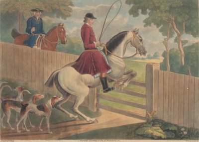 Caça [dois de um conjunto de doze]: 7. [Um cavaleiro colocando o cavalo em um portão] polonês autorstwa Thomas Burford