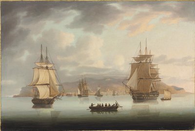 Funchal Roadstead, H.M.S. Blenheim z chartem i błotniakiem na zewnątrz, 1805 autorstwa Thomas Butterworth