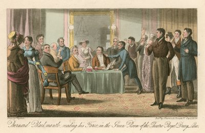 Bernard Blackmantle, czytający swoją Farsę w Green Room of the Theatre Royal, Drury Lane, Londyn autorstwa Thomas Charles Wageman