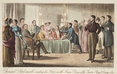 Bernard Blackmantle czytający swoją farsę w Green Room of Covent Garden Theatre, z The English Spy, wyd. 1824 (grawerowanie ręcznie kolorowane) autorstwa Thomas Charles Wageman