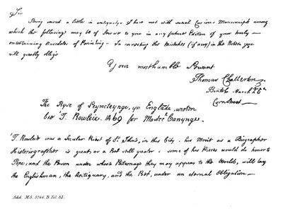 Fragment listu Thomasa Chattertona do Horacego Walpole