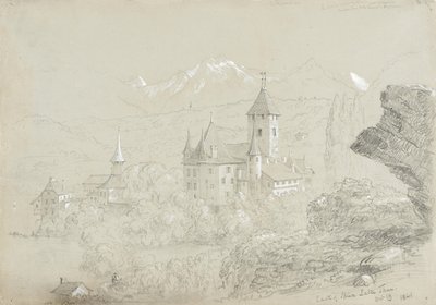 Zamek Spiez, 1841 (ołówek i gwasz na szaro-zielonym papierze) autorstwa Thomas Cole