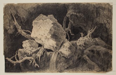 Myśliwy stojący w jaskini w pobliżu skały i wodospadu, ok. 1828 (grafitowy ołówek) autorstwa Thomas Cole