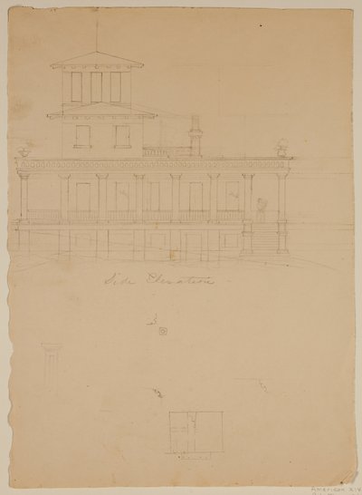 Elewacja boczna proponowanej willi w Catskill autorstwa Thomas Cole