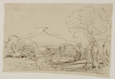 Wulkan, jezioro, polowanie na figury, 1846-47 (pióro i atrament z ołówkiem na papierze) autorstwa Thomas Cole
