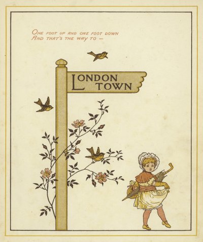 Drogowskaz wskazuje drogę do London Town z młodą dziewczyną idącą w tym kierunku autorstwa Thomas Crane