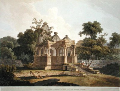 Antyczna świątynia hinduska w forcie Rotas, Bahar, tablica 12 z „Oriental Scenery: Twenty Four Views in Hindoostan”, opublikowana w 1796 r. (kolor litho) autorstwa Thomas Daniell