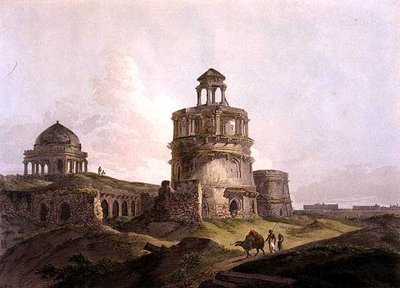 Pozostałości starożytnego budynku w pobliżu Cotilli Firoz Shah w Delhi, z filmu „Orientalna sceneria: dwadzieścia cztery widoki w Hindoostanie” autorstwa Thomas Daniell