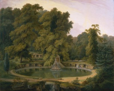 Świątynia, fontanna i jaskinia w parku Sezincote autorstwa Thomas Daniell