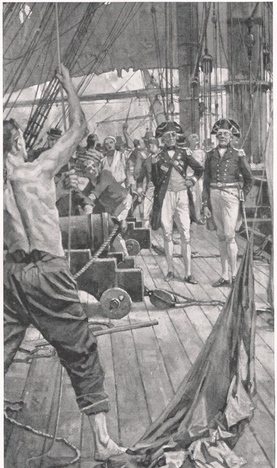 Hoisting the Famous Signal, ilustracja z „British Battles on Land and Sea”, wydanej przez Cassell, Londyn, ok. 1910 autorstwa Thomas Davidson